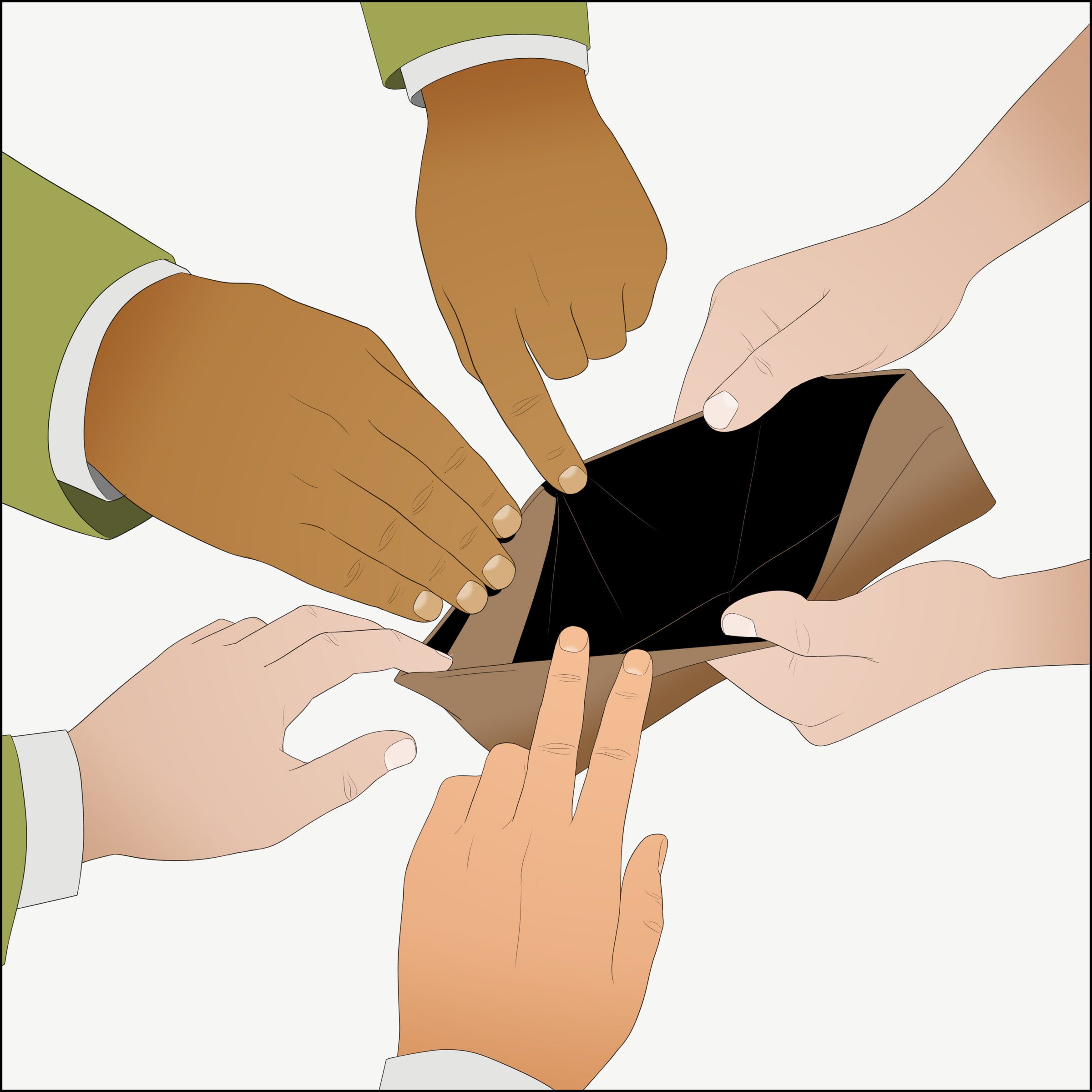 Illustration by Anuj Shrestha for The Marshall Project Six hands of different skin tones reach for an empty and open wallet.